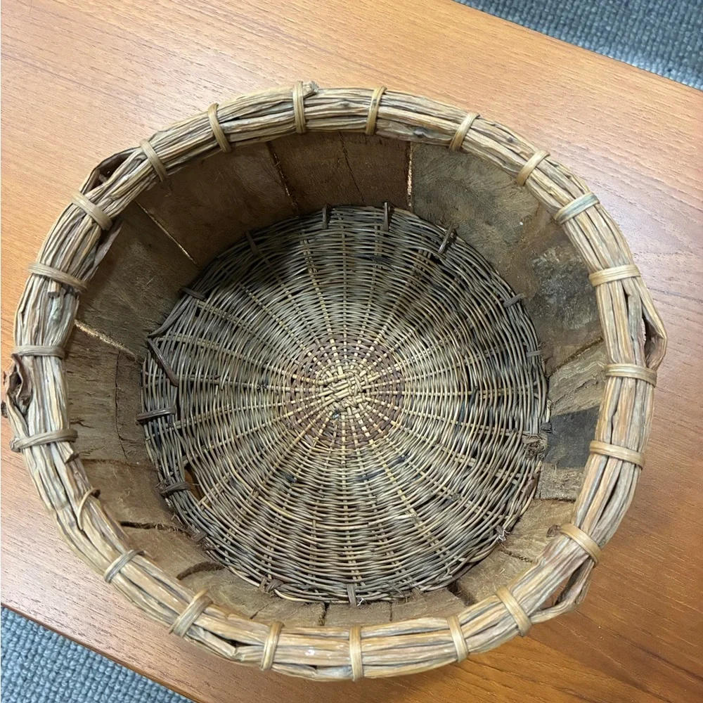 Rustic Brown Wood Slat and Woven Reed Gathering Basket Unique Details